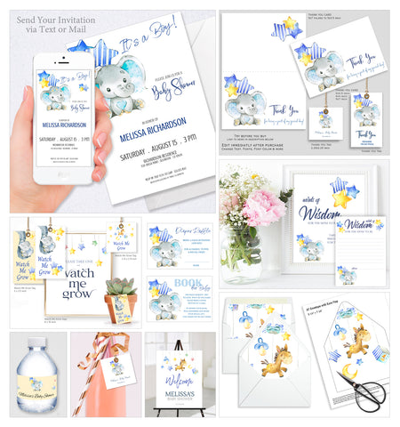Baby Shower Party Collection Bundle 30 Templates, Blue Elephant Design - BABY20