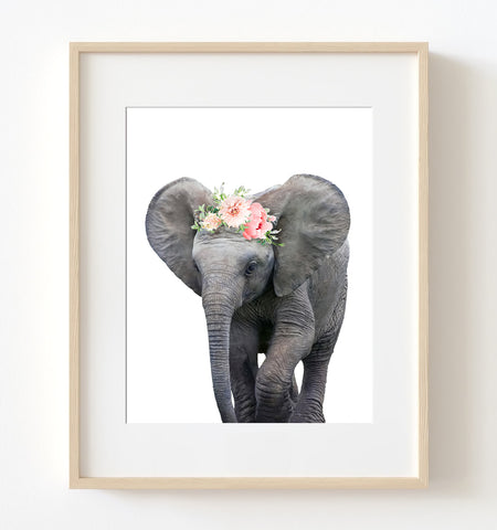 Baby Elephant with Flower Crown Nursery Prints - NA1002A