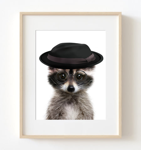 Baby Raccoon with Black Hat Nursery Print - NA1007C