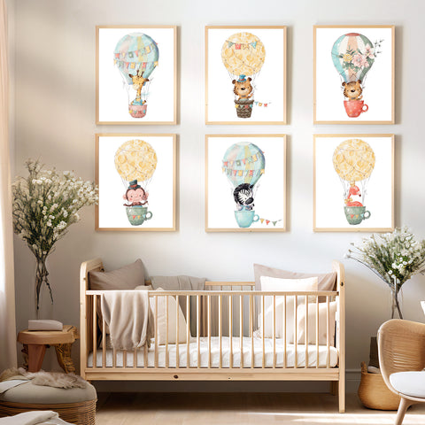 Cute Animal Babies in Hot Air Balloon Nursery Print Set - NLGSet03