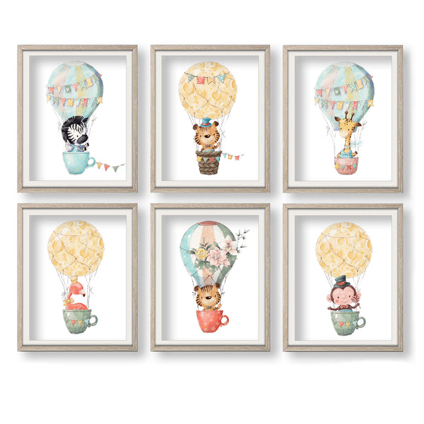 Cute Animal Babies in Hot Air Balloon Nursery Print Set - NLGSet03