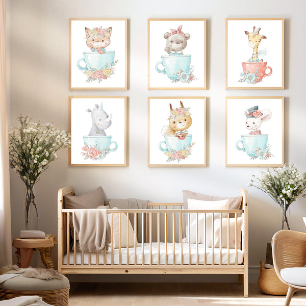 Cute Animal Babies in Flower Cup Nursery Print Set of 6 - NLGSet05