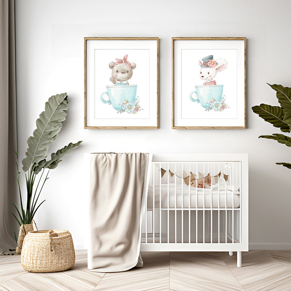 Cute Animal Babies in Flower Cup Nursery Print Set of 6 - NLGSet05