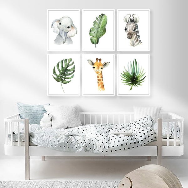 Safari Animals with Green Tropical Plants Nursery Print Set of 6 - NSFSet01