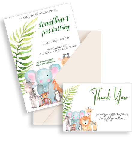 Birthday Party Invitation, Thank You Card Templates, Safari Animals Design - BD002