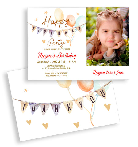 Birthday Party Invitation, Thank You Card Templates, Little Girl Party Design - BD004