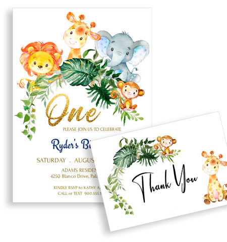 Birthday Party Invitation, Thank You Card Templates, Safari Animals Design - BD005