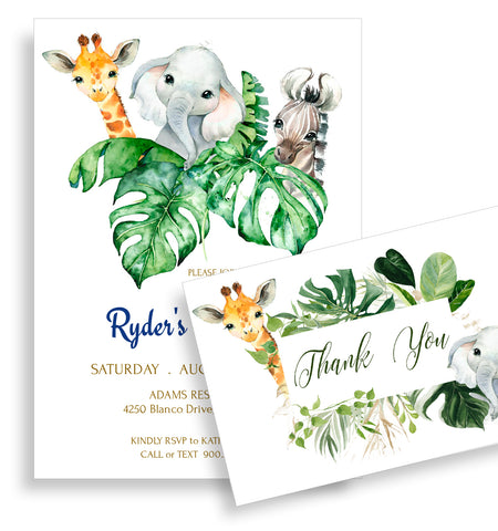 Birthday Party Invitation, Thank You Card Templates, Jungle Party Design - BD006