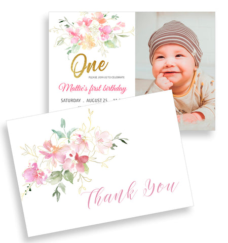 Birthday Party Invitation, Thank You Card Templates, Pastel Pink Design - BD008