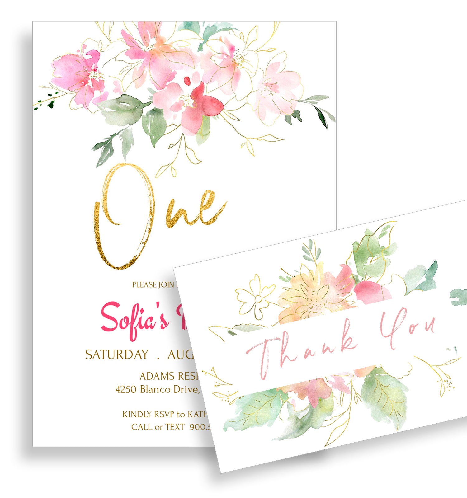 Birthday Party Invitation, Thank You Card Templates, Blush Pink Design - BD009