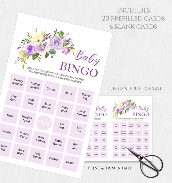 Baby Shower Game Set - 20 Prefilled BINGO Cards, Lavender Crème Design - BABY02