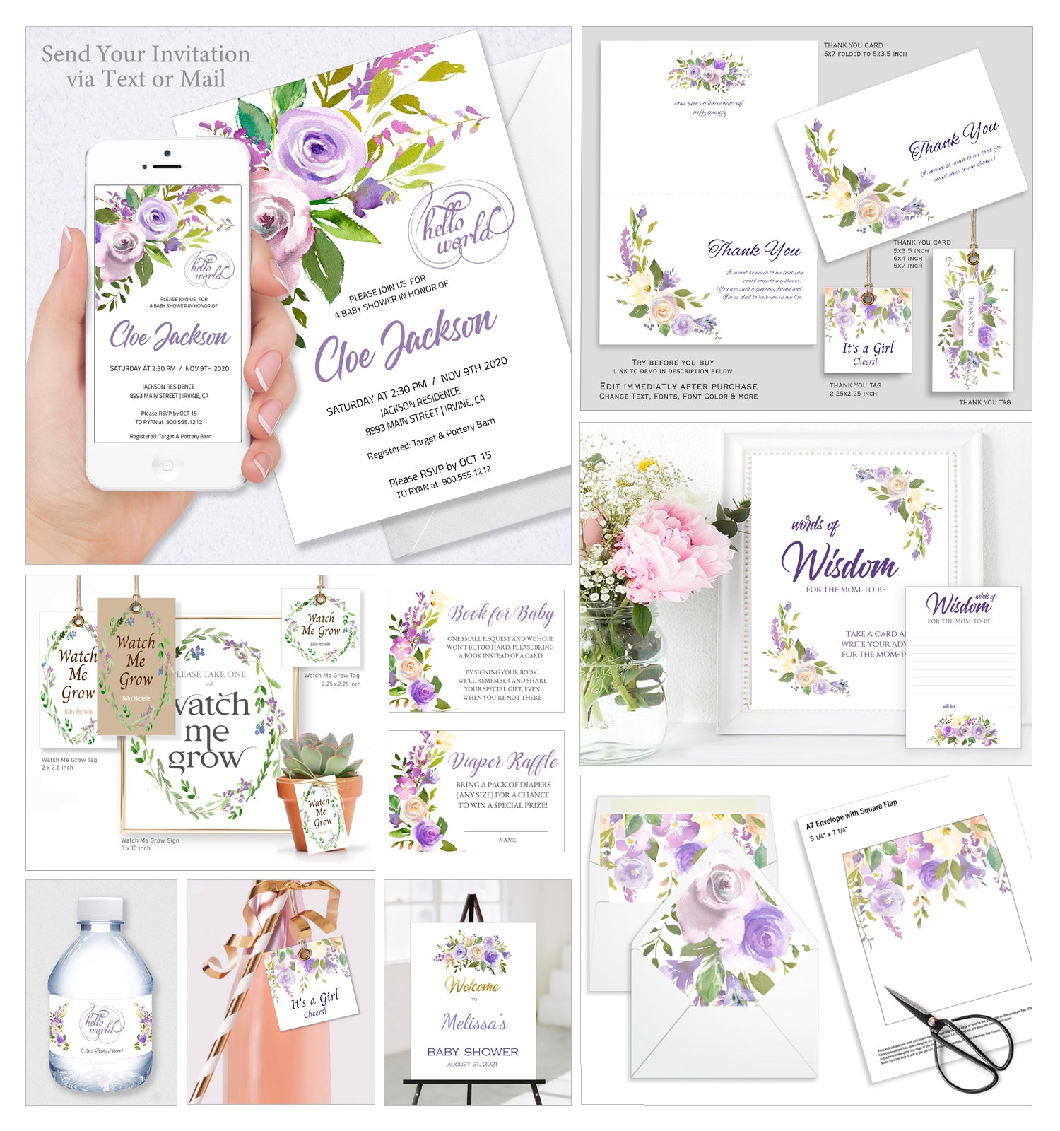 Baby Shower Party Collection Bundle 30 Templates, Lavender Crème - BABY02