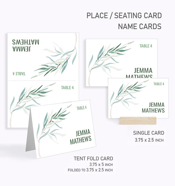 Baby Shower Place / Seating Card Template, Green Leaves Design - BABY03