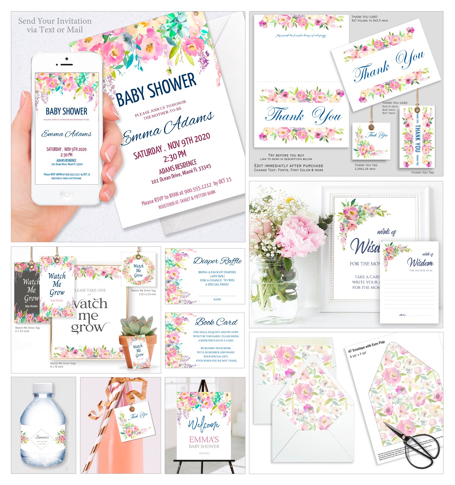 Baby Shower Party Collection Bundle 30 Templates, Boho Floral Design - BABY04