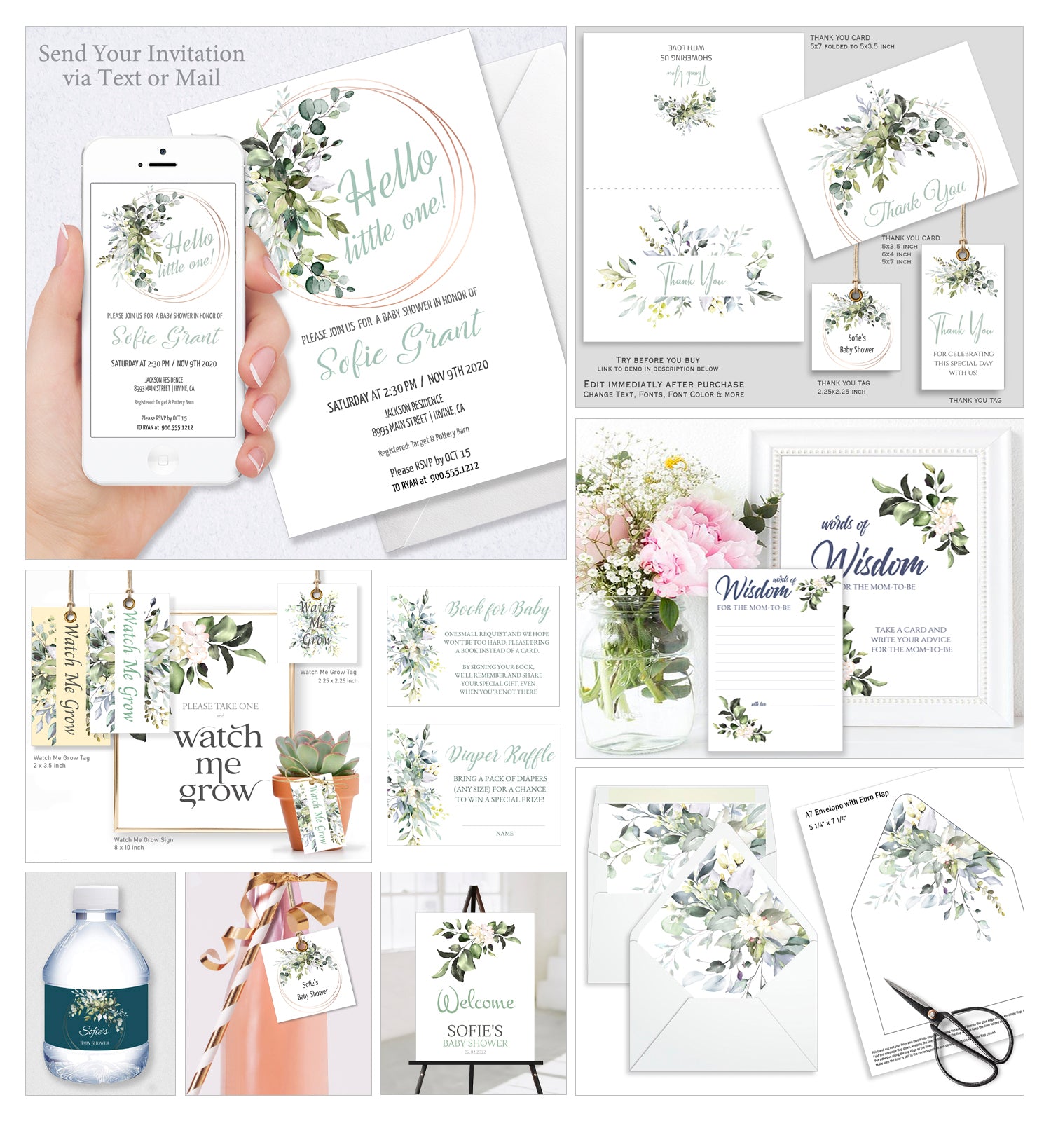 Baby Shower Party Collection Bundle 30 Templates, Greenery Design - BABY06