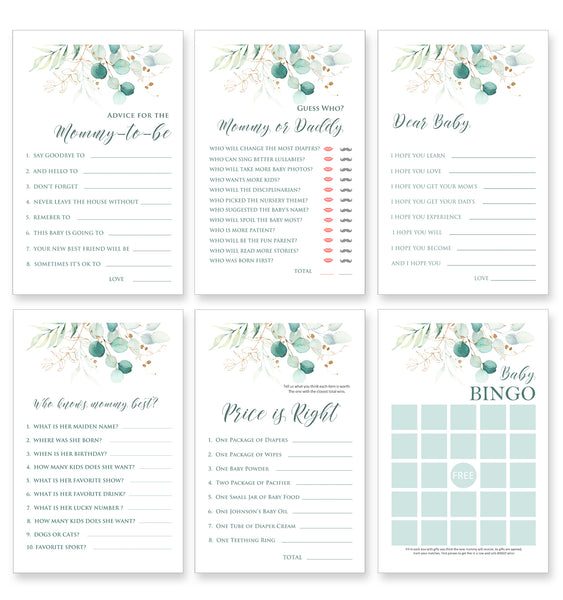 Baby Shower GAME Set, Eucalyptus Leaves Design - BABY08