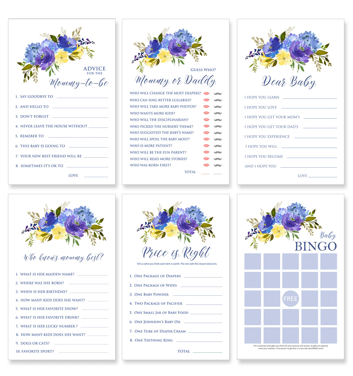 Baby Shower GAME Set, Blue Meadow Floral Design - BABY10
