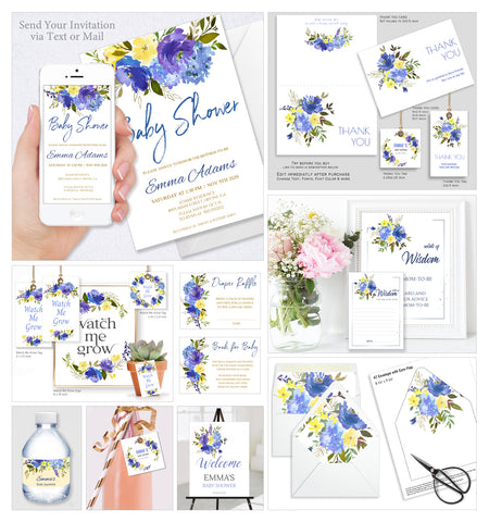 Baby Shower Party Collection Bundle 30 Templates, Blue Meadow Flowers - BABY10