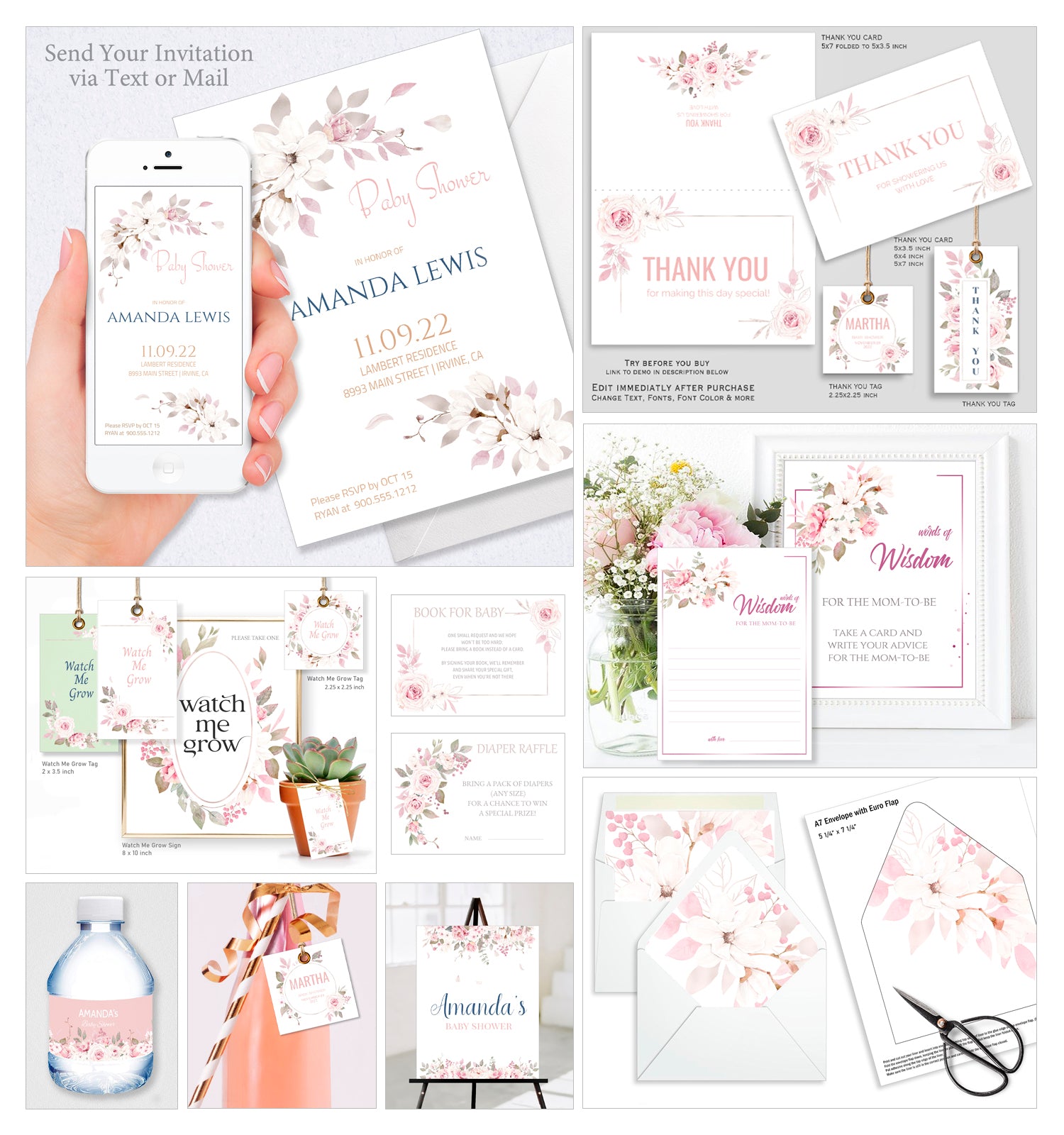 Baby Shower Party Collection Bundle 30 Templates, Pretty Rose Design - BABY13