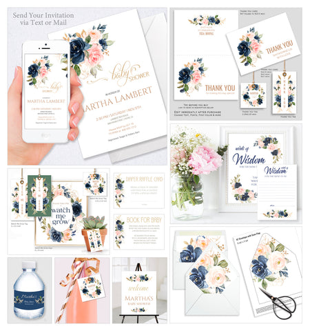 Baby Shower Party Collection Bundle 30 Templates, Navy Blush Design - BABY25