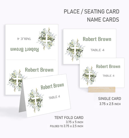 Baptism Place / Seating Card Template, Gentle Leaves Design - BAPT1