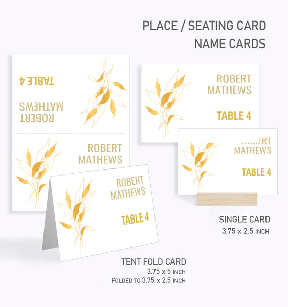 Baptism Place / Seating Card Template, Golden Leaf Design - BAPT02