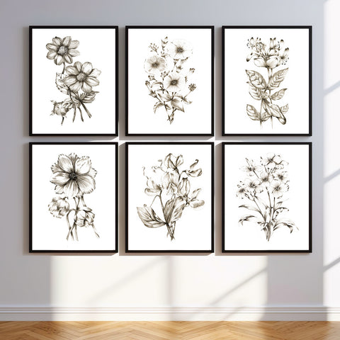 Botanical Sketch Prints Set of 6 Floral Wall Art - No.6