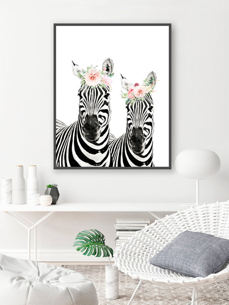 Zebras with Flower Crown Nursery Print- Safari Animal, NA18