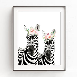 Zebras with Flower Crown Nursery Print- Safari Animal, NA18