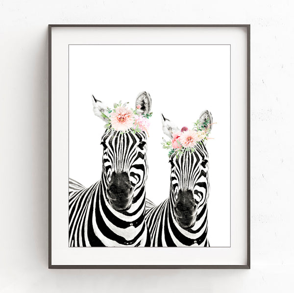 Zebras with Flower Crown Nursery Print- Safari Animal, NA18