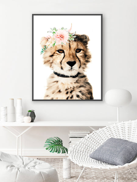 Baby Leopard with Flower Crown Nursery Prints- Safari Animal, NA08