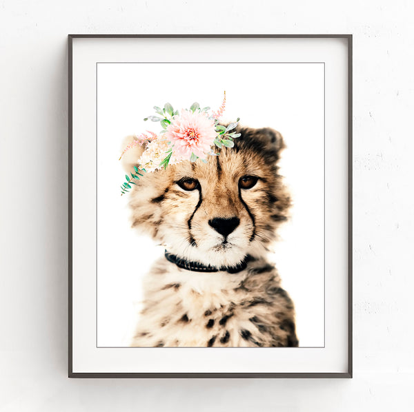 Baby Leopard with Flower Crown Nursery Prints- Safari Animal, NA08