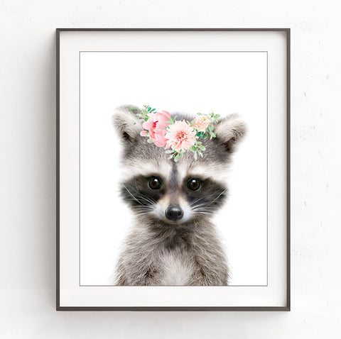 Raccoon with Flower Crown Nursery Prints - Woodland Animal, NA11