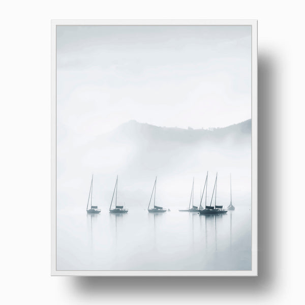 Boats on Foggy Lake - Coastal Wall Art Print, C01