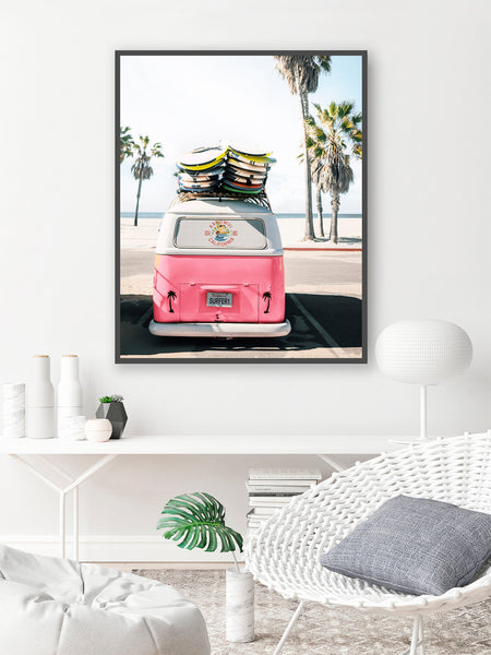 Pink VW Bus, Morning Surf - Urban Travel Wall Art, UT10