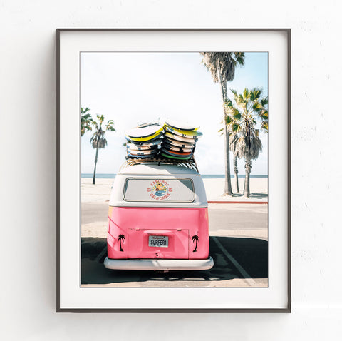 Pink VW Bus, Morning Surf - Urban Travel Wall Art, UT10