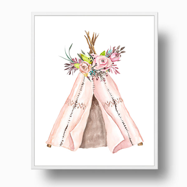 Tribal Teepee Tent with Flowers - Nursery Print, NT06