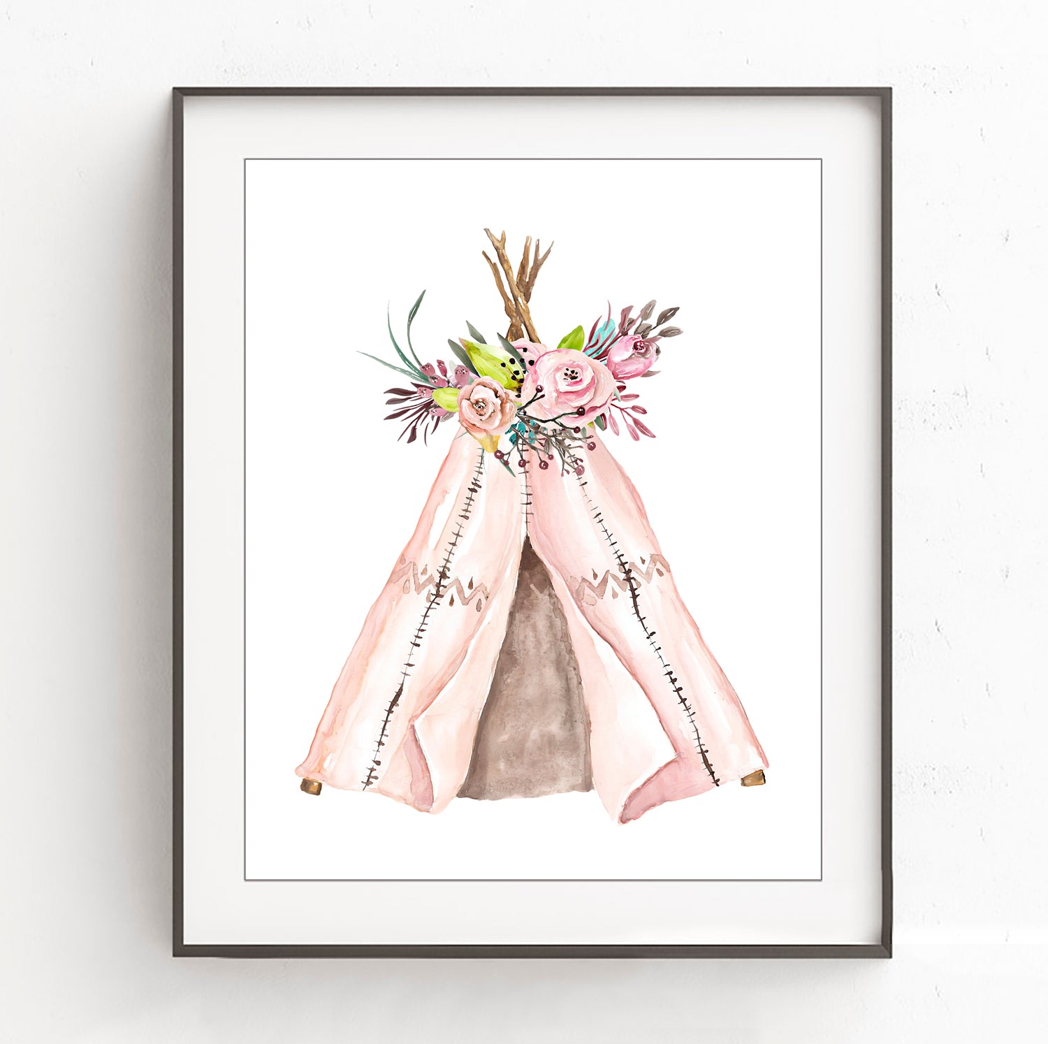 Tribal Teepee Tent with Flowers - Nursery Print, NT06