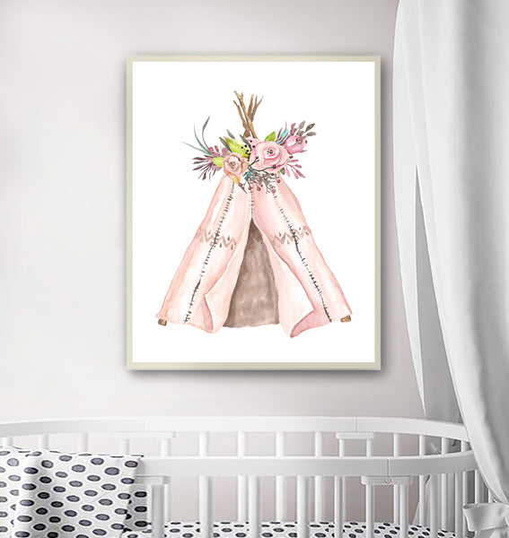 Tribal Teepee Tent with Flowers - Nursery Print, NT06