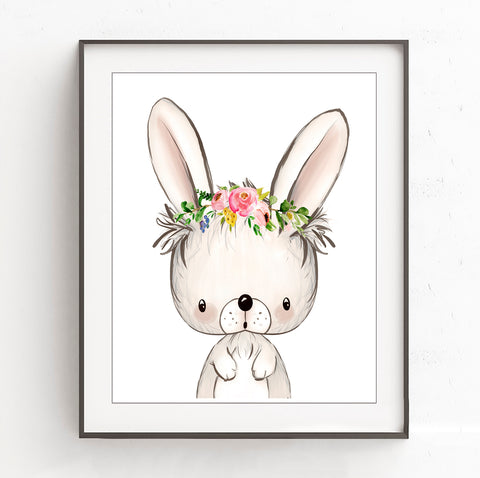 Gray Pink Bunny Rabbit - Woodland Nursery Print, NW38