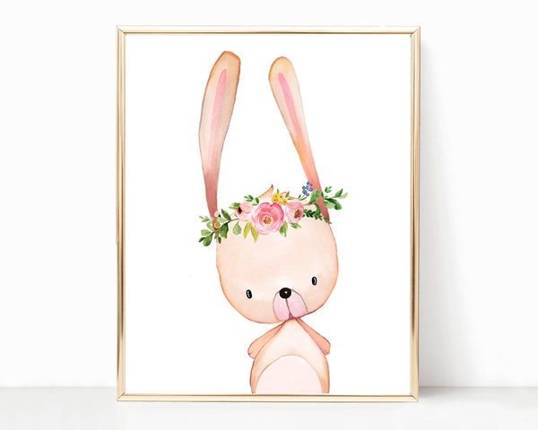 Pink Bunny with Flower Headset - Woodland Nursery Print, NW40