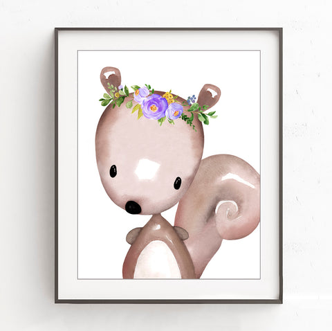 Squirrel Baby with Purple Floral Headband - Nursery Print, NW44