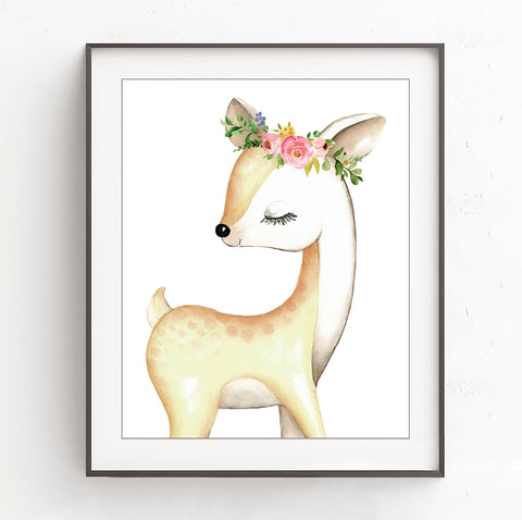 Baby Deer with Pink Headband, Woodland Animal - Nursery Print, NW31