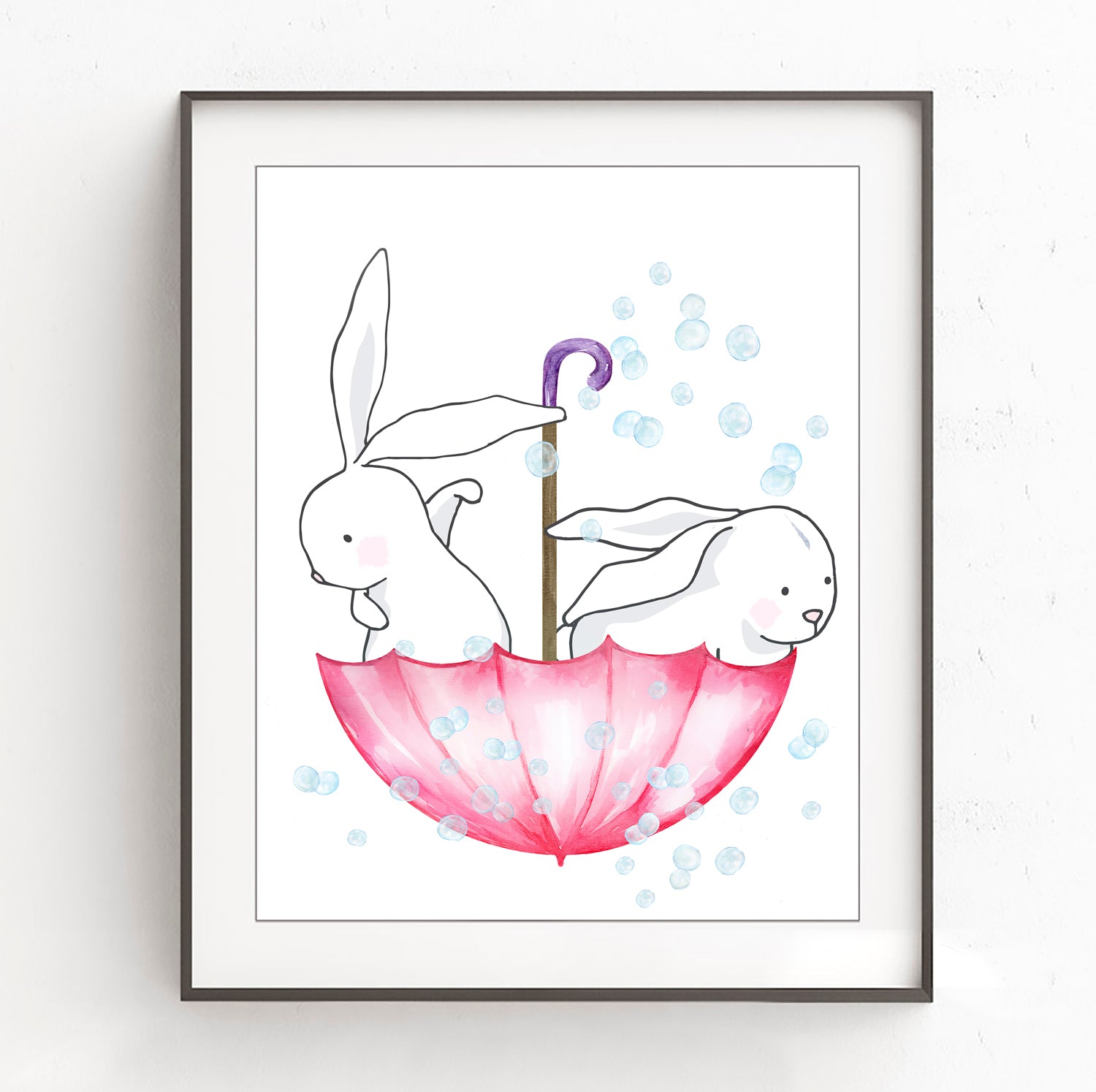 Bunnies in Umbrella - Woodland Nursery Print, NW21