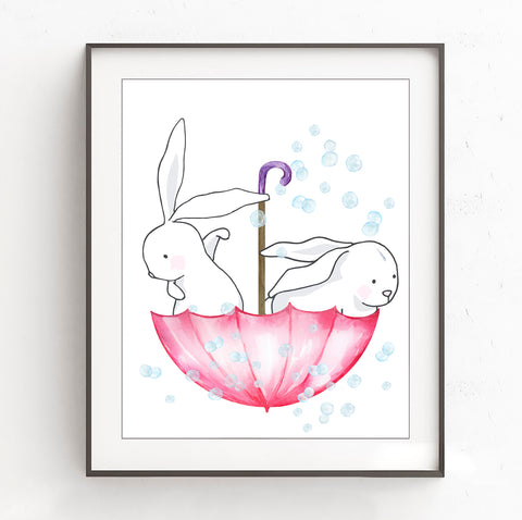 Bunnies in Umbrella - Woodland Nursery Print, NW21
