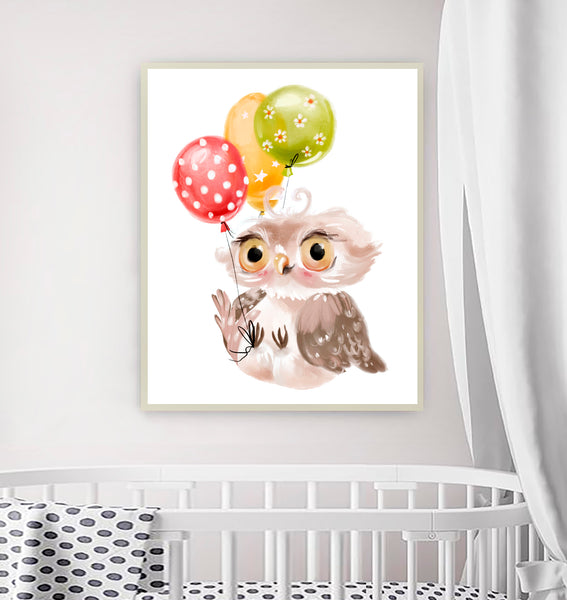 Baby Owl with Balloons, Woodland Nursery Print, NW16