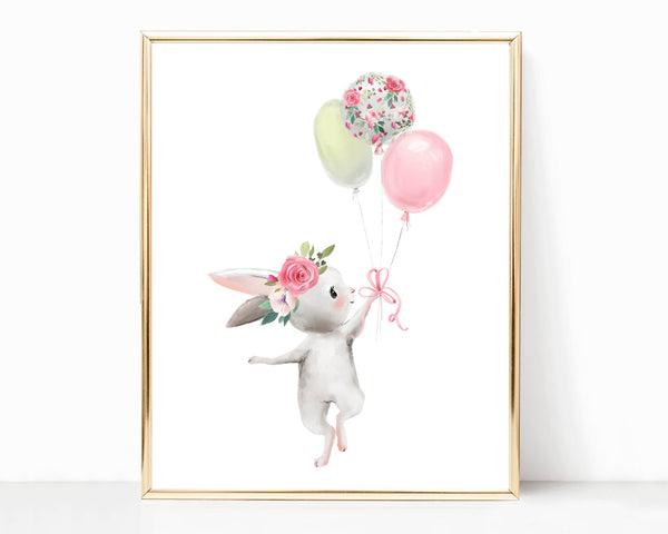 Bunny with Balloons - Woodland Nursery Print, NW25