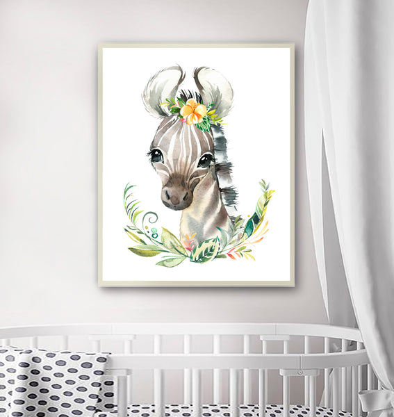 Baby Zebra with Flowers Nursery Print - Safari Animals, NS12