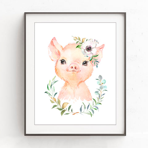 Cute Piggy with Flower Headband Woodland Animal - Nursery Print, NW50