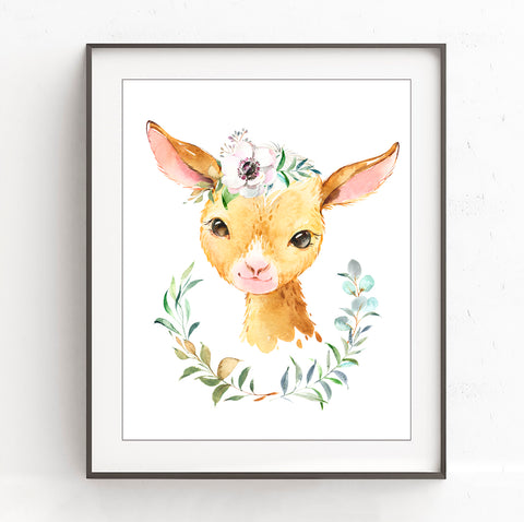 Baby Goat with Flower Headband and Greenery - Nursery Print, NW53